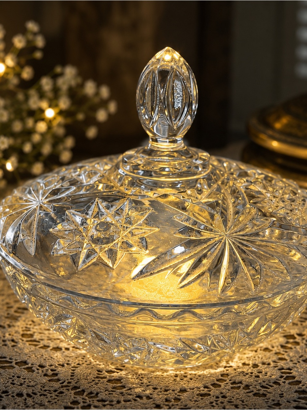 Vintage Pressed Glass Candy Dish Fairy Lamp Clear Crystal Style